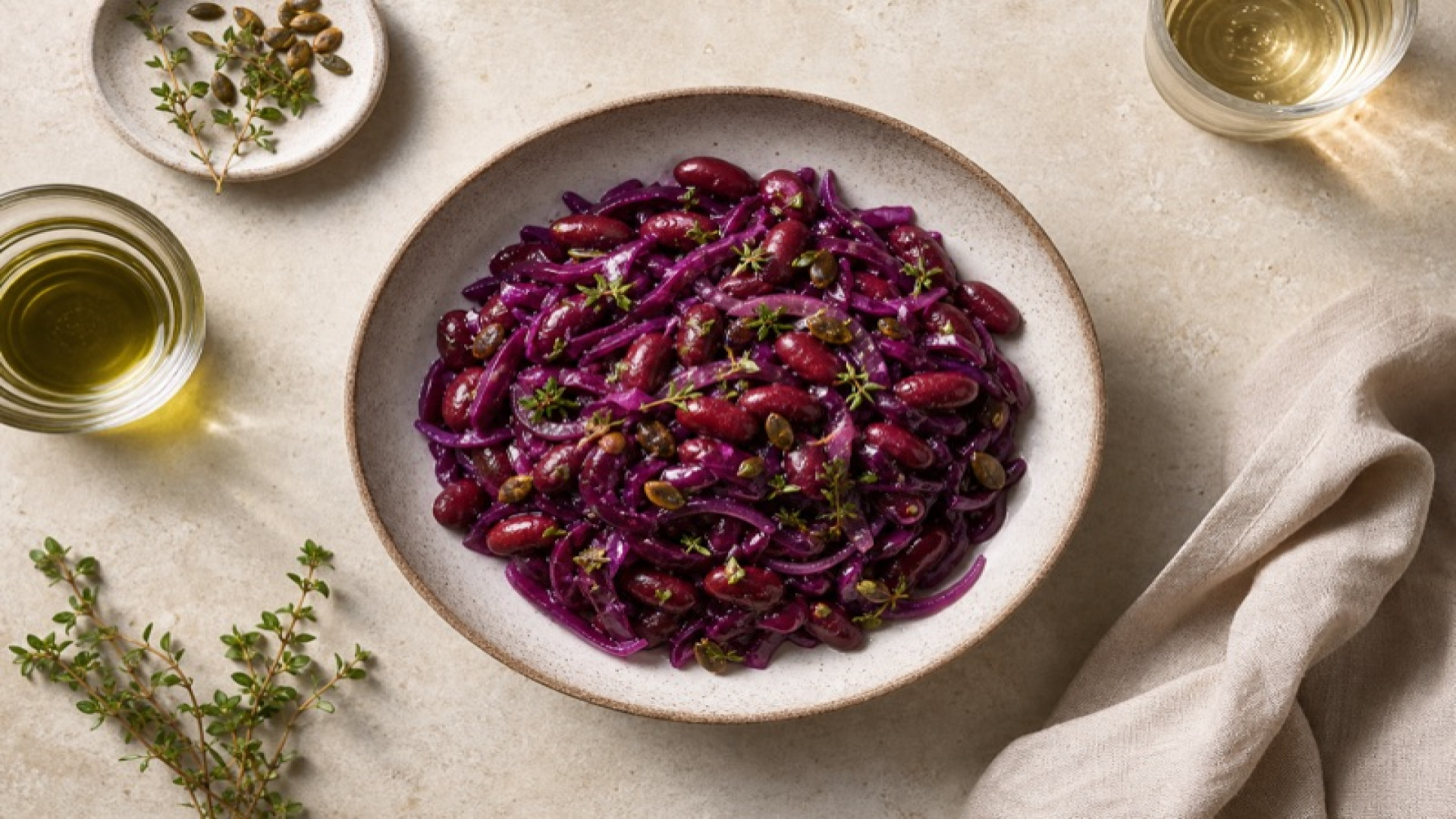 Warmer Rotkohl-Kidneybohnen-Salat mit Kürbiskernöl