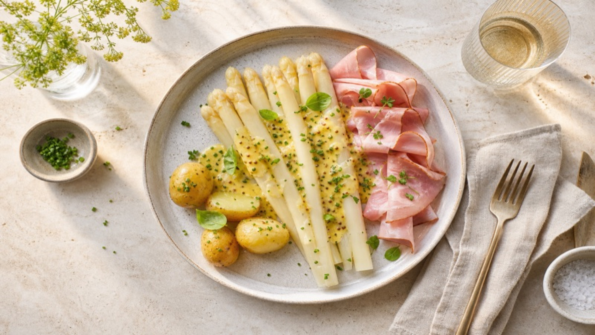 Warmer Spargel-Schinken-Teller mit Senf-Zitronensauce