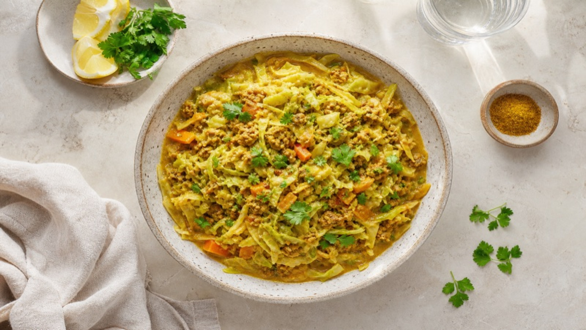 Warmer Spitzkohl-Sojaschnetzel-Topf mit Gelber Curry