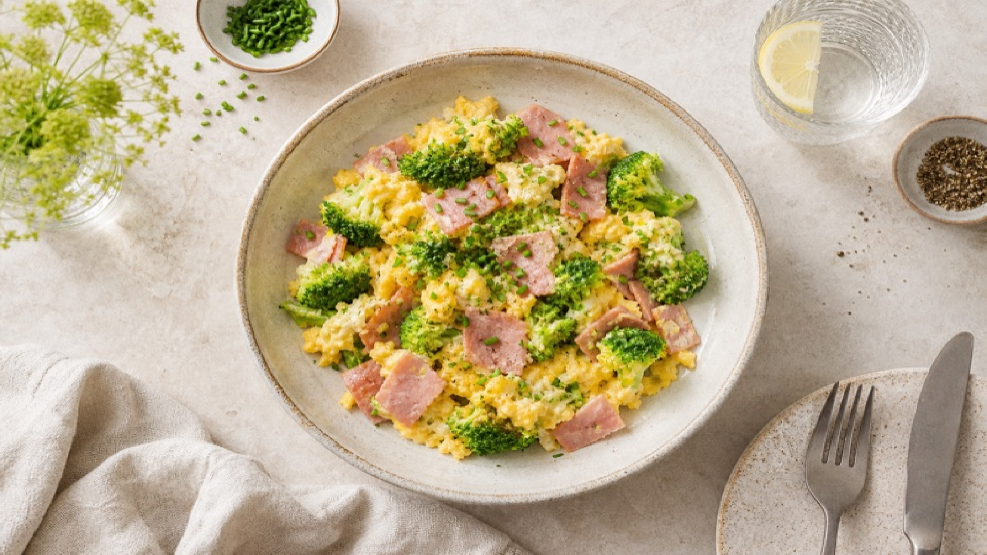 Warmes Broccoli-Rührei mit Kochschinken