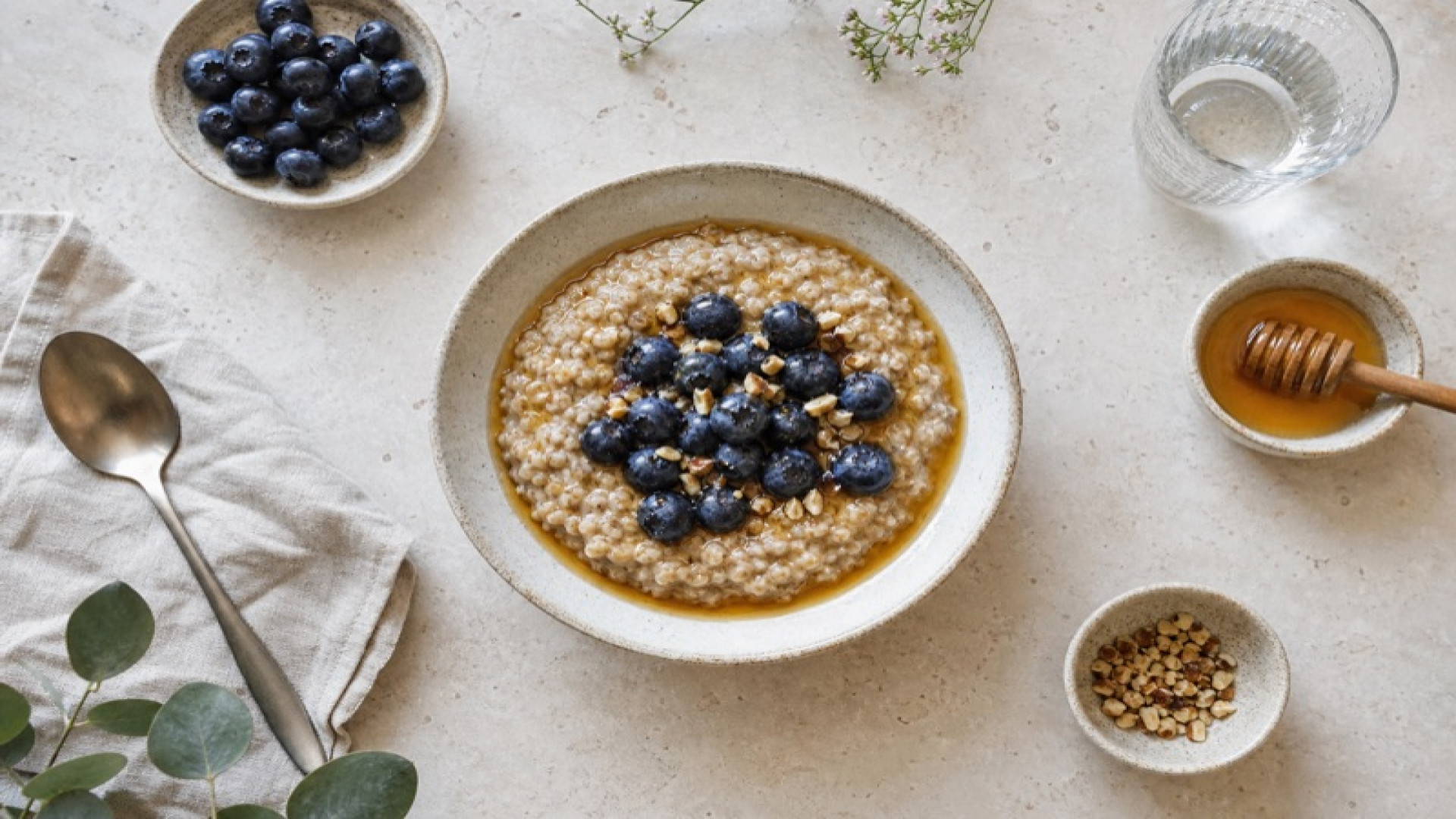 Warmes Buchweizen-Porridge mit Heidelbeeren und Honig