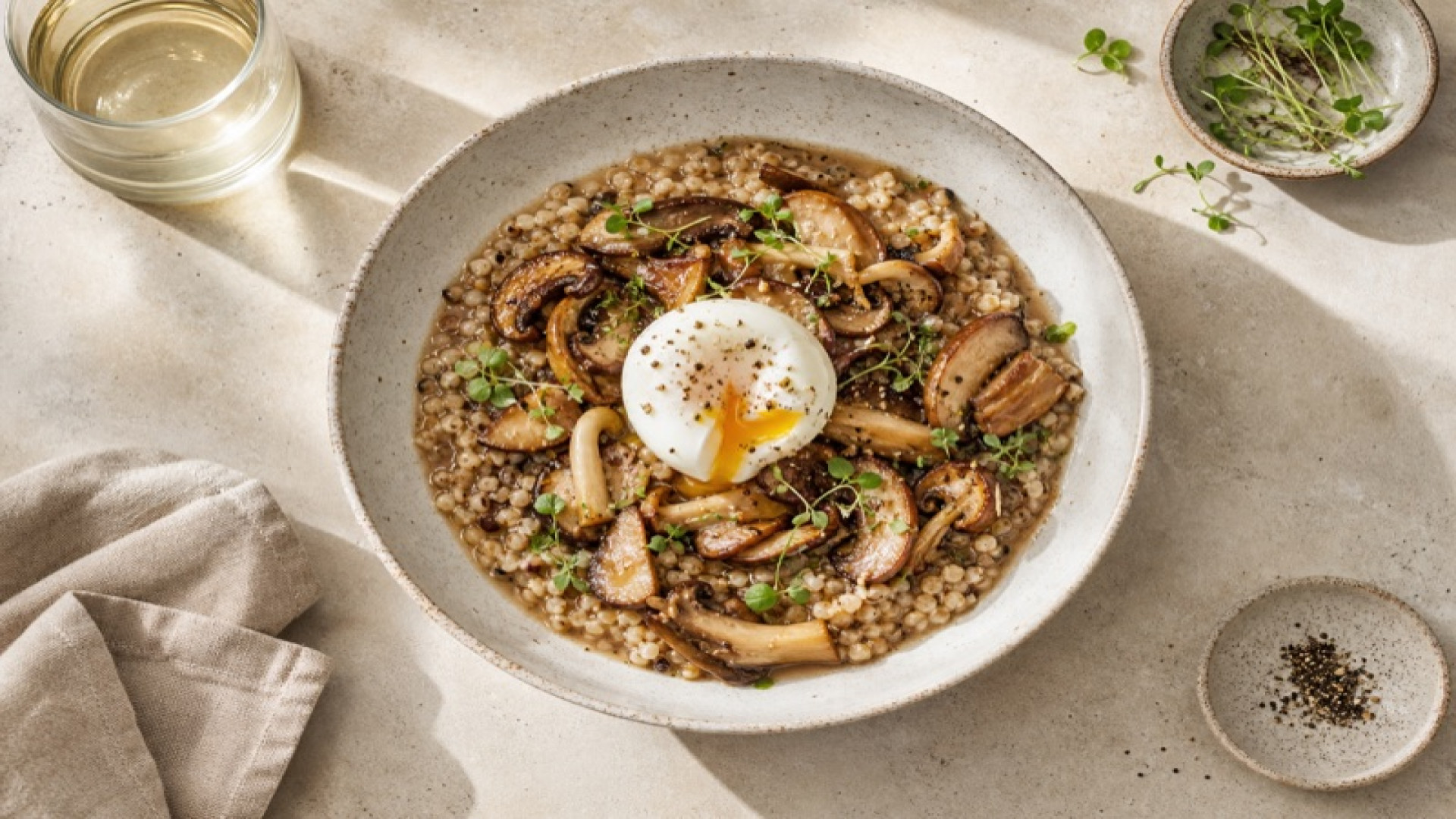 Warmes Buchweizen-Porridge mit Mischpilzen und Ei