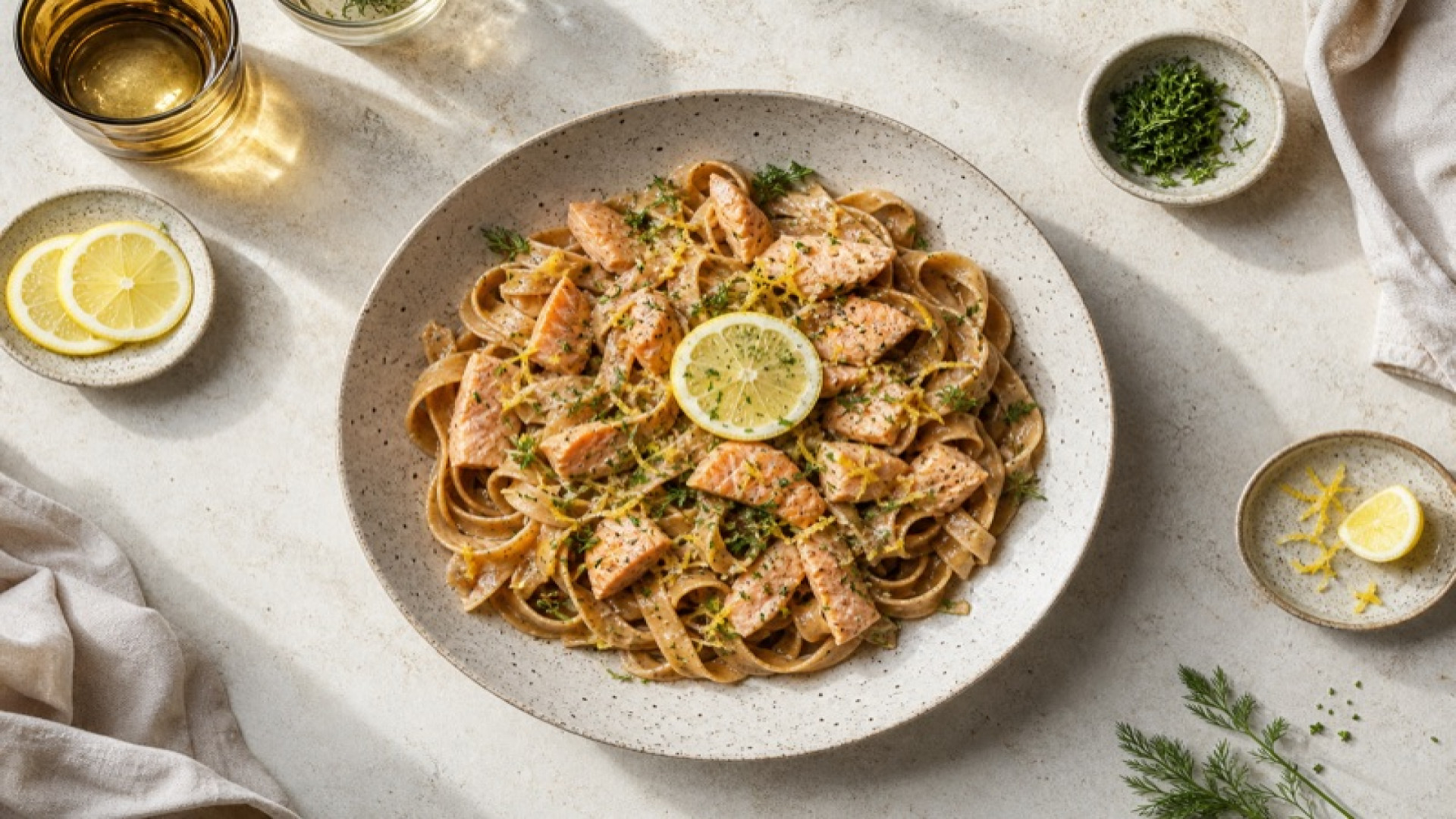 Warmes Forellen-Vollkorn-Tagliatelle mit Zitrone