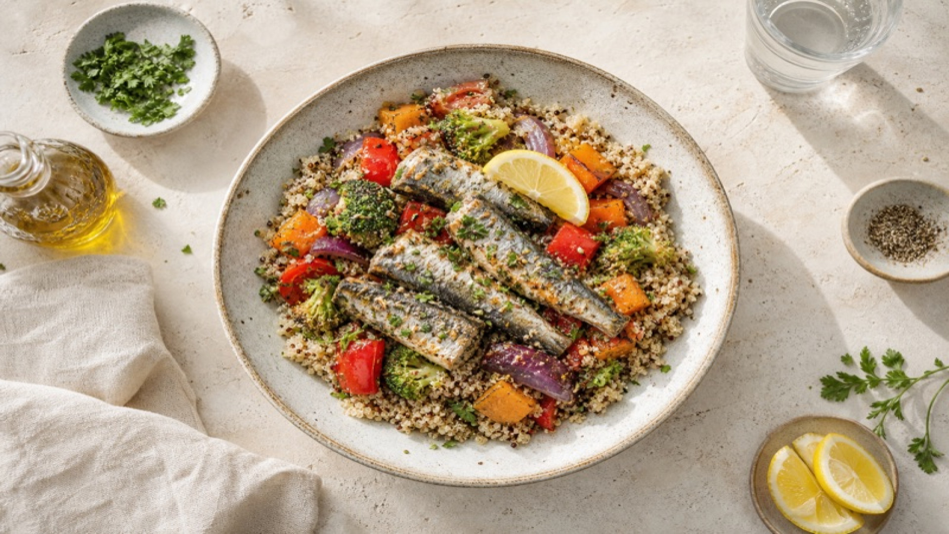 Warmes Quinoa-GemĂŒse-Bowl mit Sardinen und Zitrone