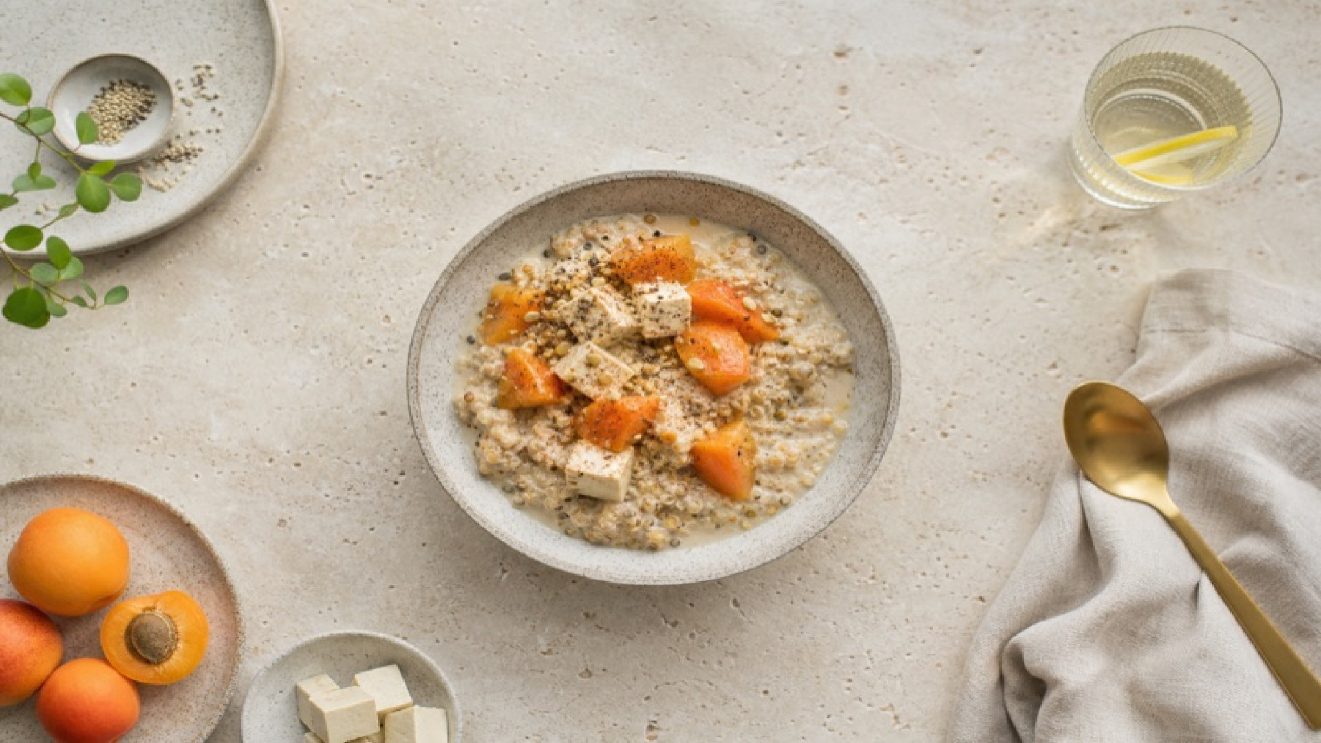 Warmes Quinoa-Porridge mit Seidentofu und Aprikosen