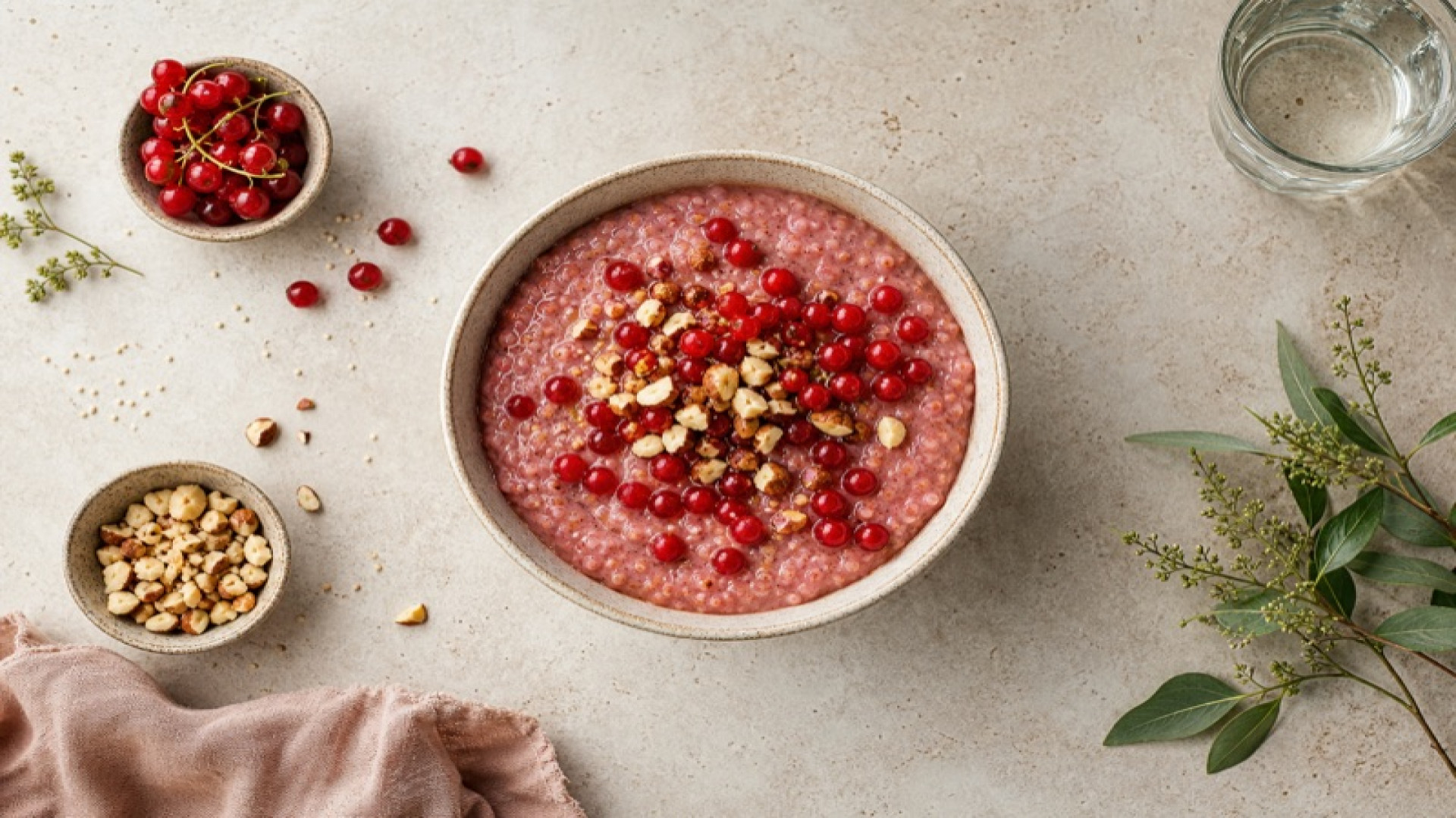 Warmes Rote-Johannisbeere-Amaranth-Porridge mit Paranüssen