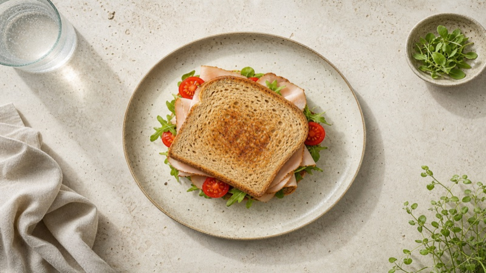 Warmes Weizenmischtoast mit Putenschinken und Cocktailtomaten