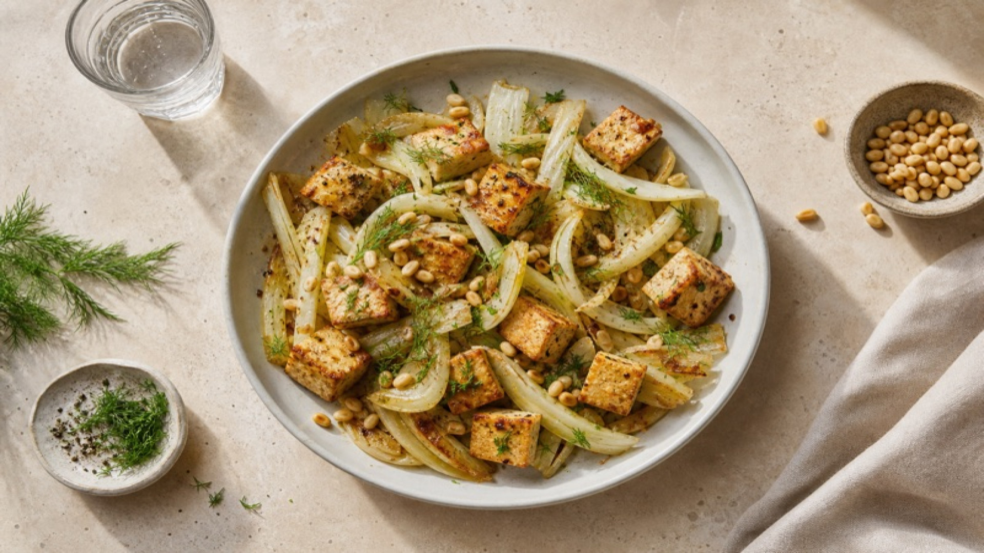 Warme Tofu-Fenchel-Pfanne mit Pinienkerntopping