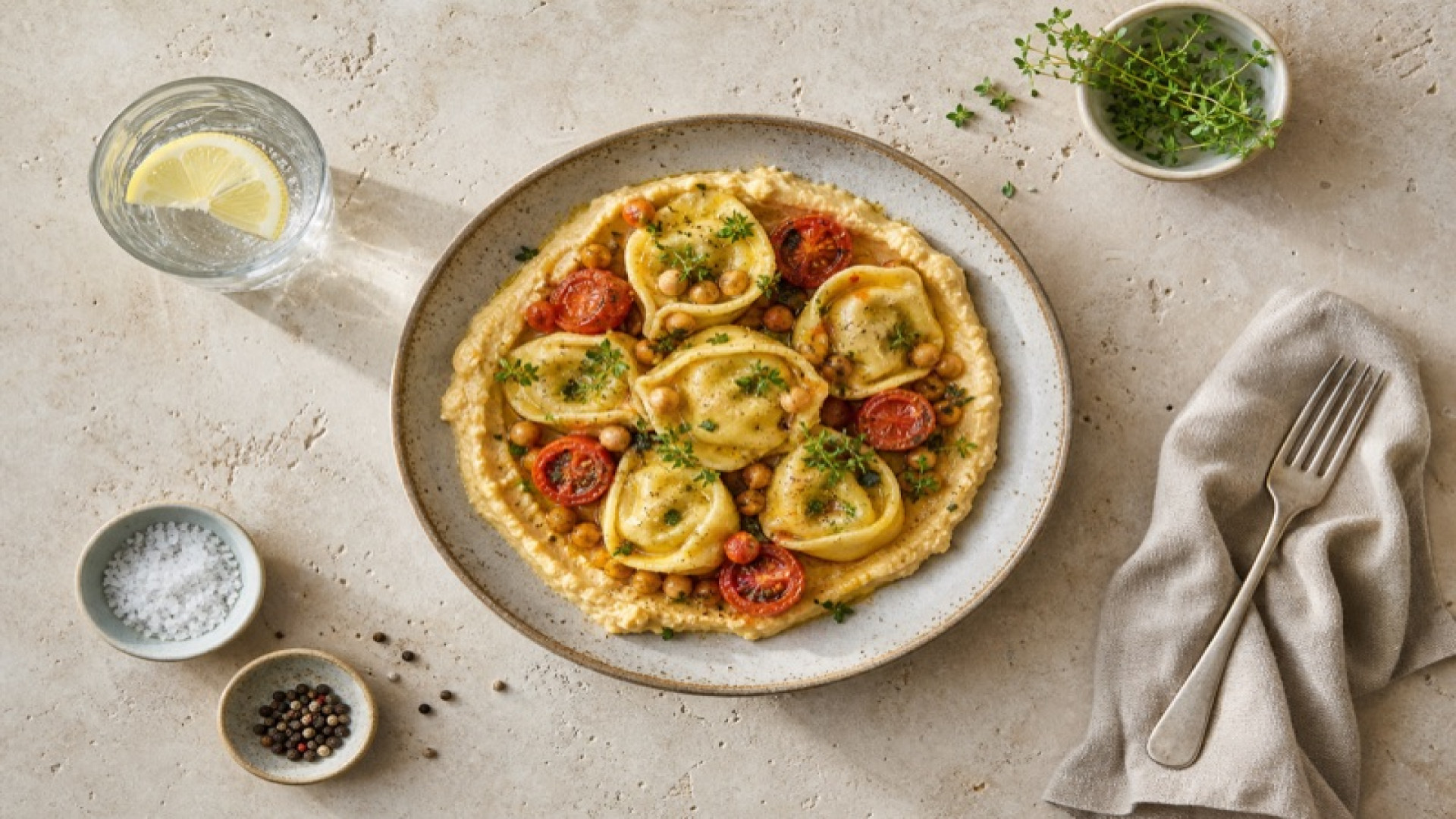 Warme Tortelloni-Bowl mit Kichererbsen-Hummus und Cocktailtomaten