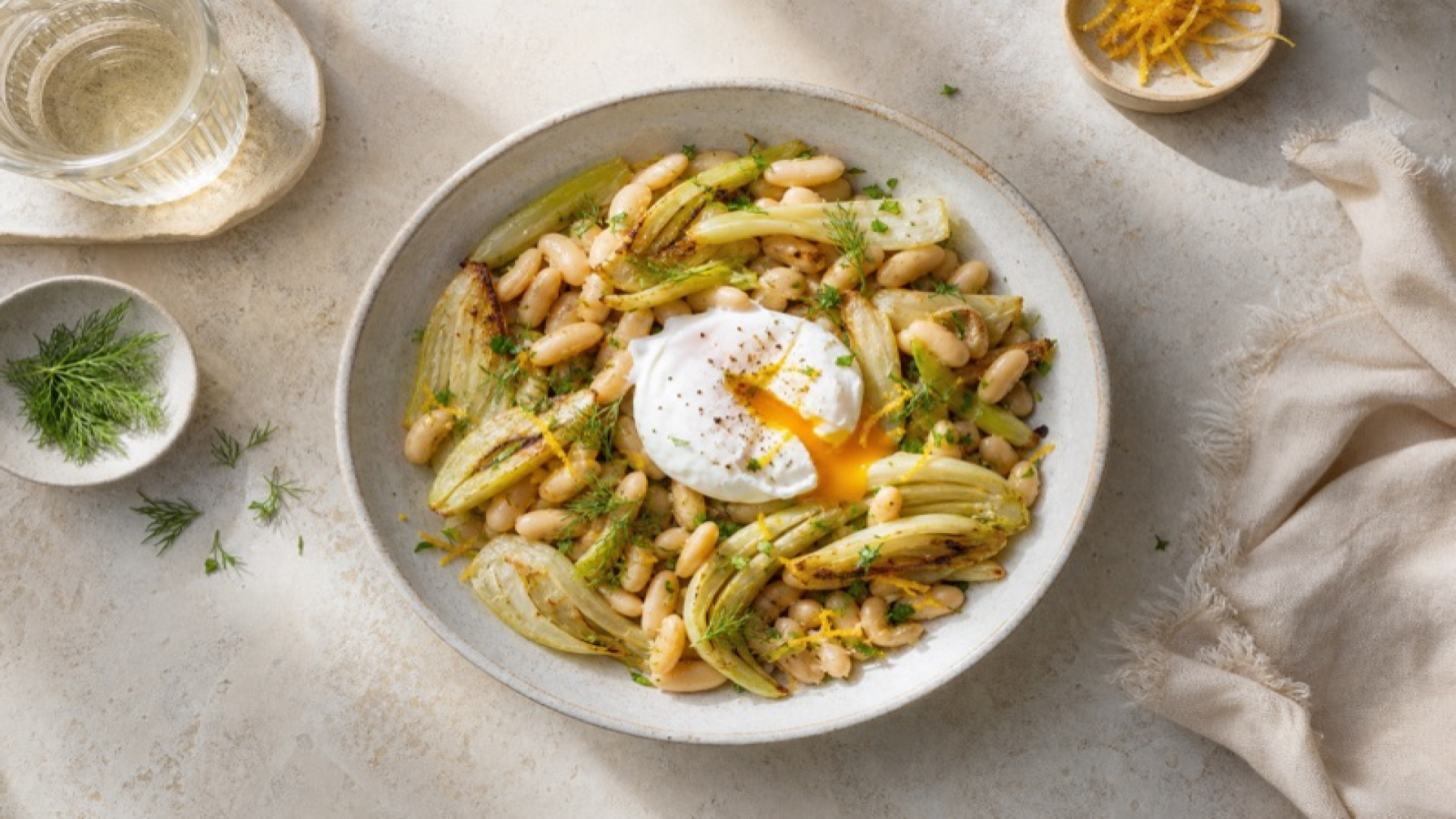 Weiße-Bohnen-Pfanne mit pochiertem Ei und Fenchel
