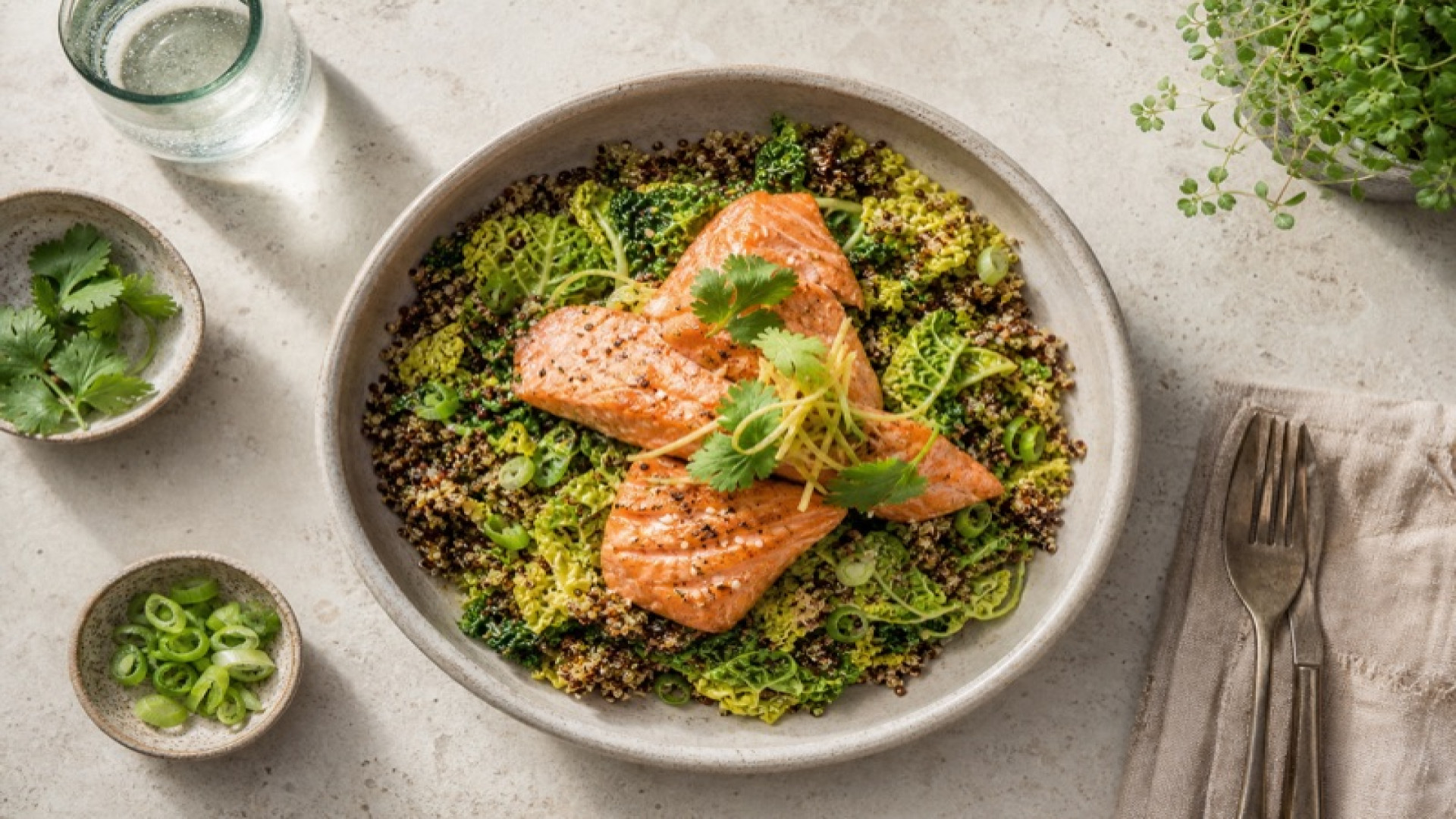 Wildlachs-Quinoa-Bowl mit Wirsing und Ingwer