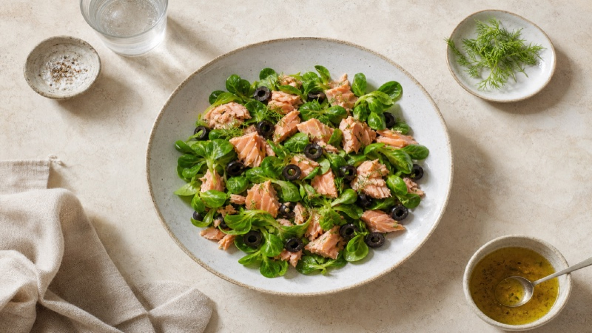 Wildlachs-Salat mit Feldsalat und schwarzen Oliven
