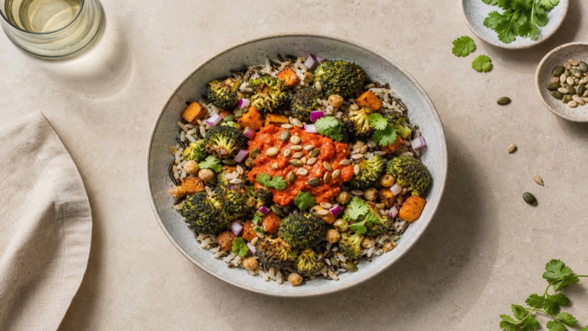 Wildreis-Bowl mit gebackenem Brokkoli und Ajvar