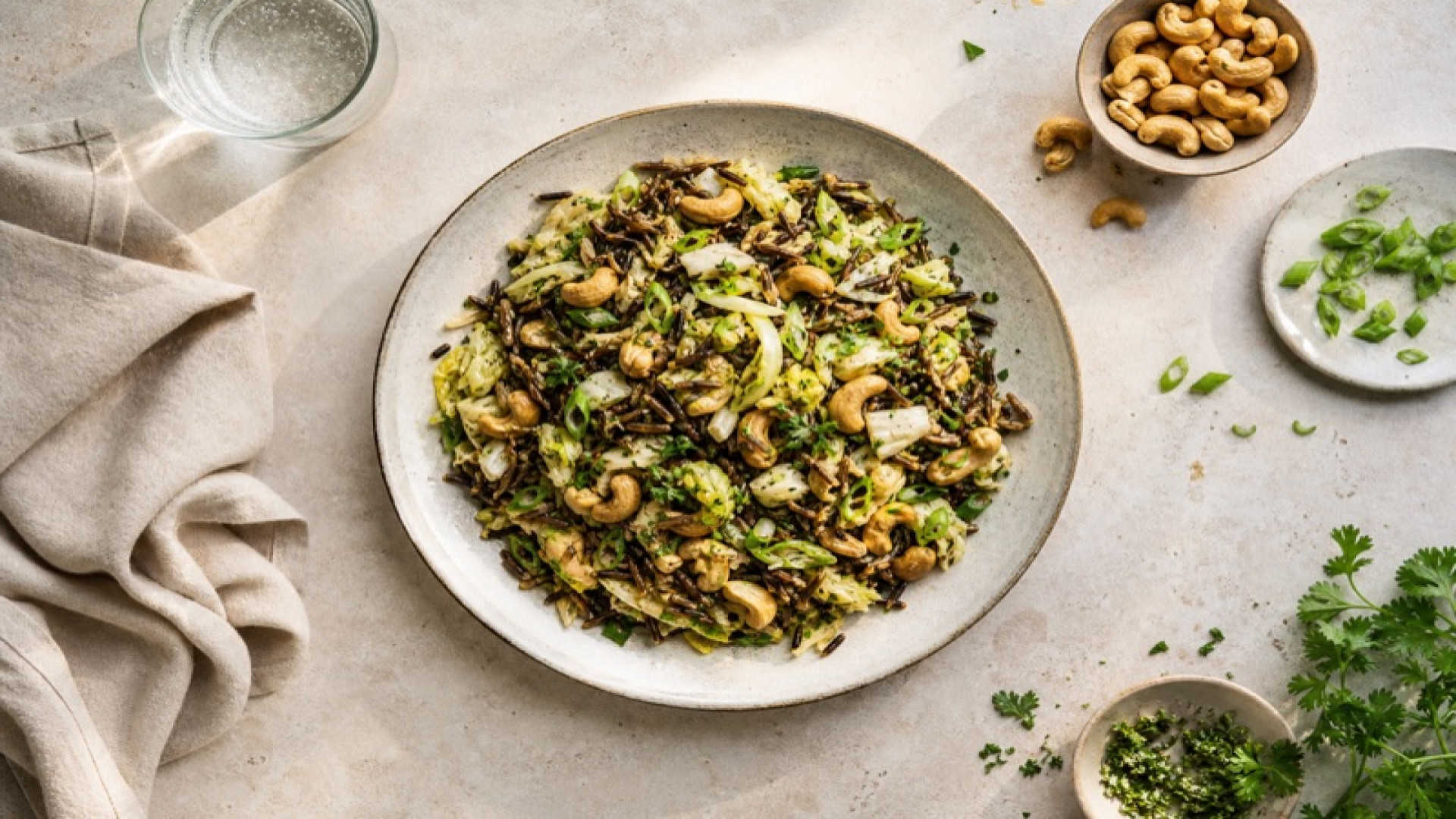 Wildreis-Pfanne mit Chinakohl und Cashews