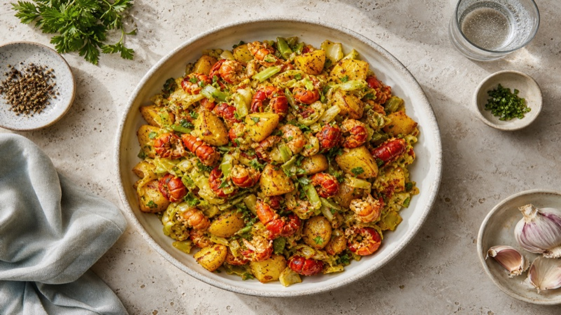 Würzige Flusskrebs-Kartoffelpfanne mit Spitzkohl und Knoblauch