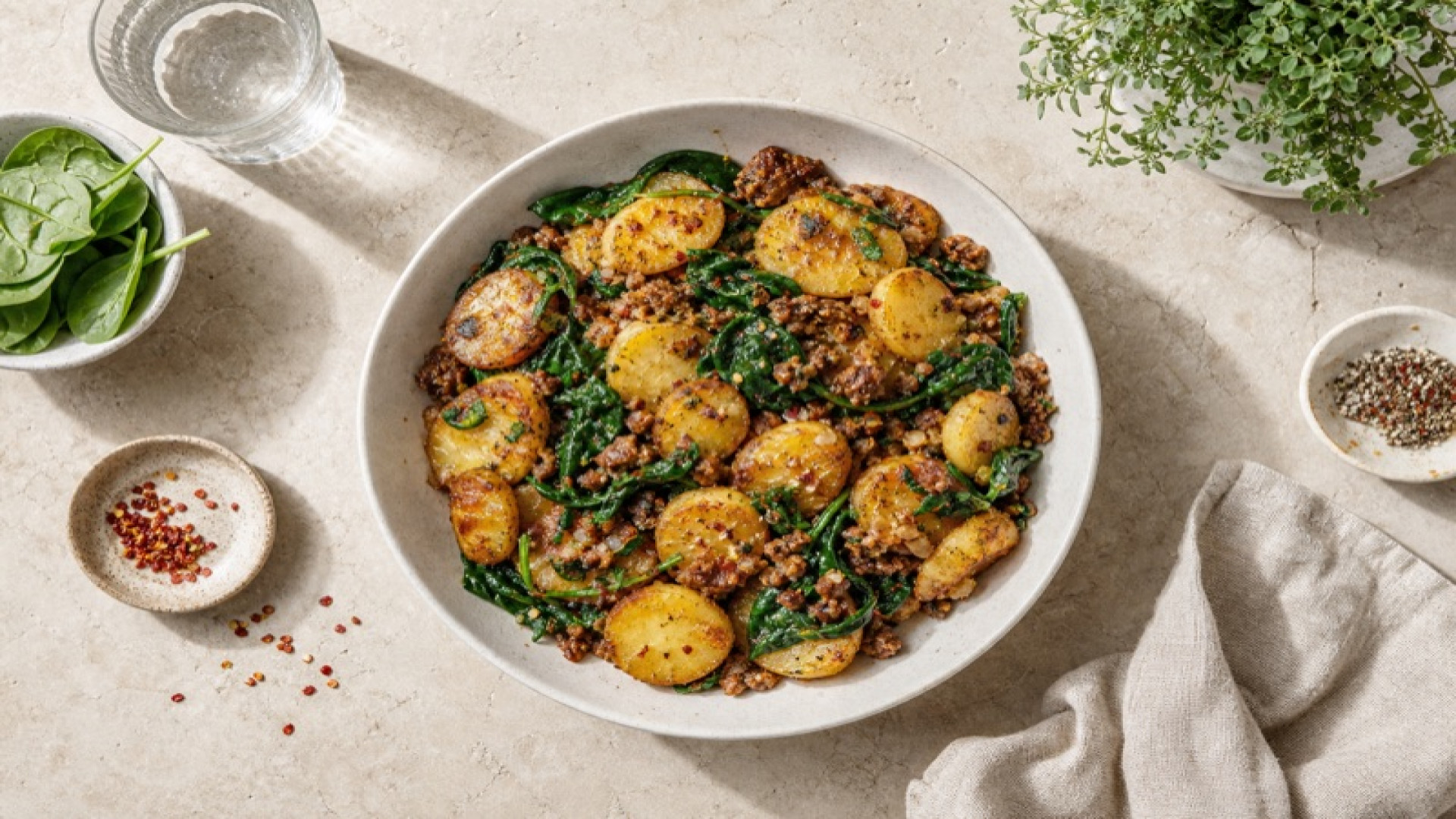 Würzige Hackfleisch-Bratkartoffel-Pfanne mit Spinat