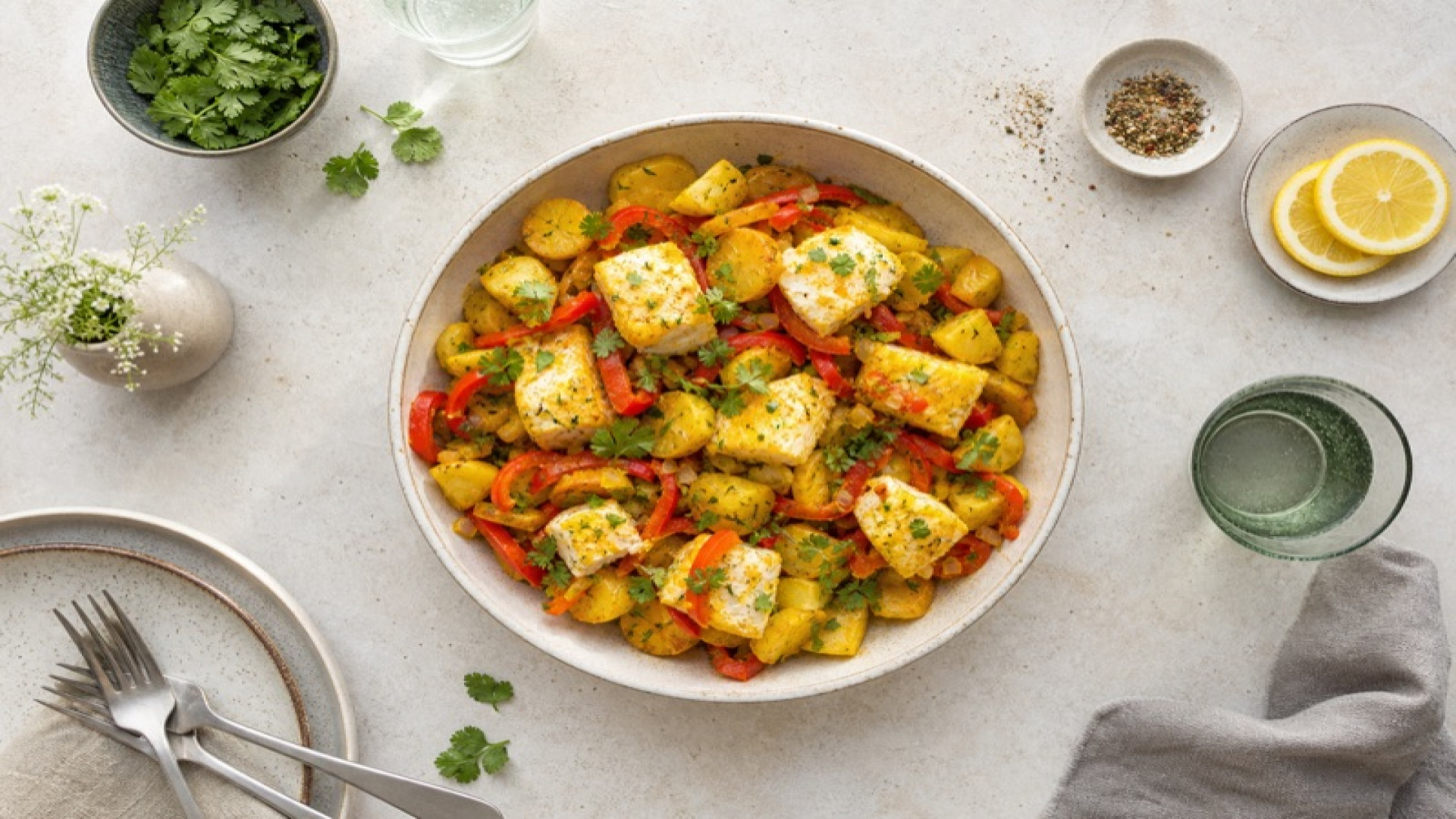 Würzige Kabeljau-Kartoffelpfanne mit Paprika und Kurkuma