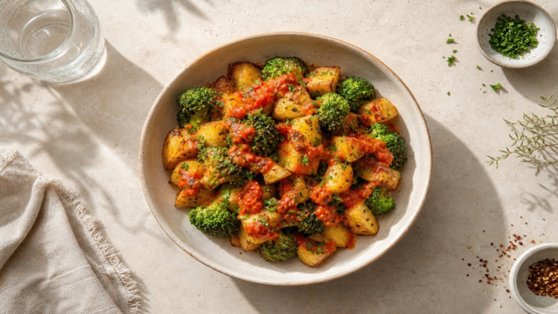 Würzige Kartoffel-Brokkoli-Bowl mit Tomaten-Knoblauch-Sauce