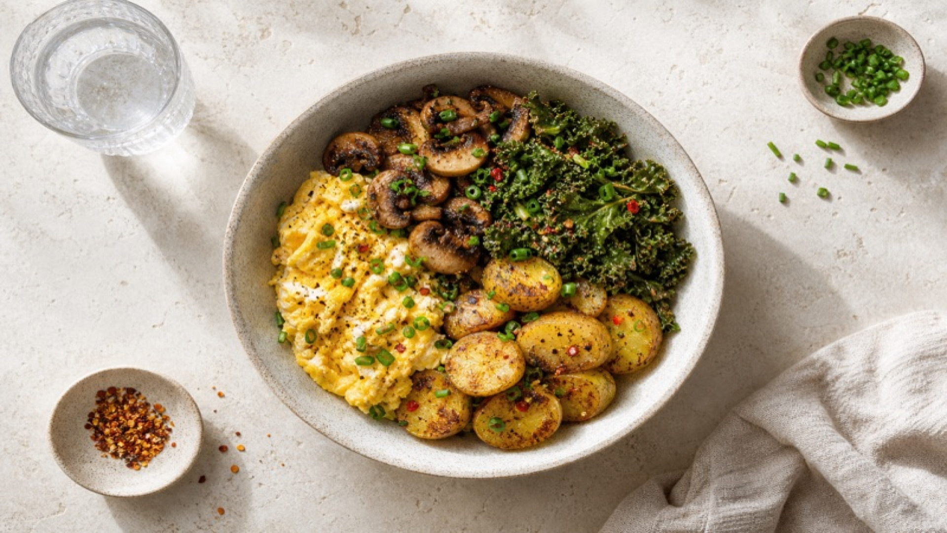 Würzige Kartoffel-Champignon-Bowl mit Rührei und Grünkohl