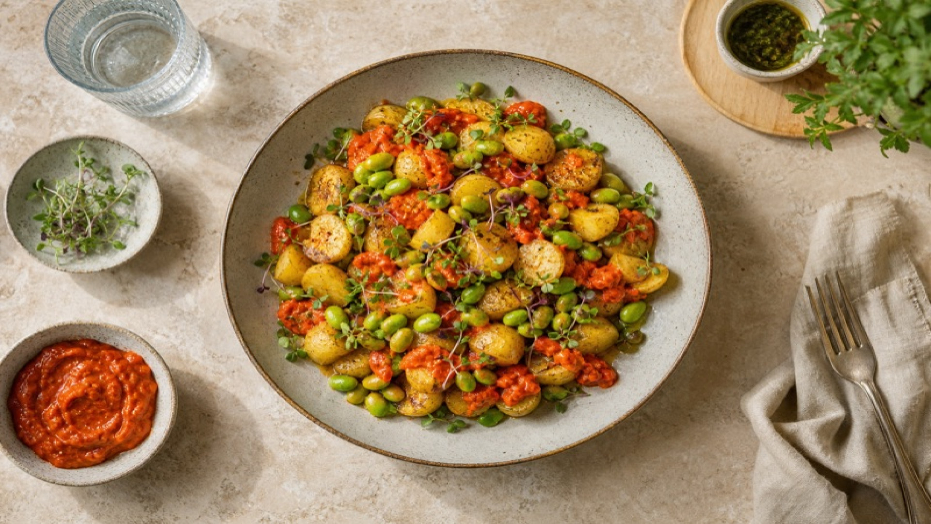 Würzige Kartoffel-Edamame-Bowl mit Ajvar