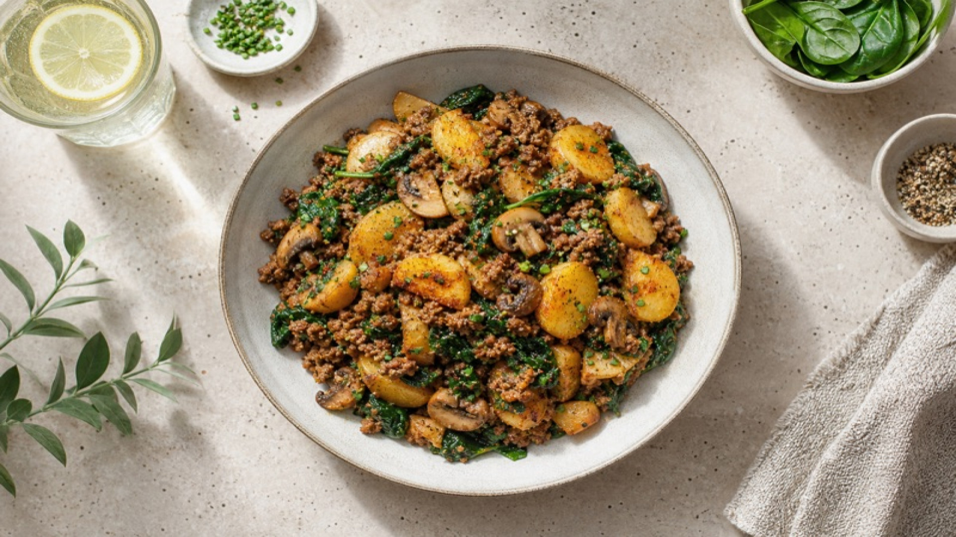 Würzige Kartoffel-Hackfleisch-Pfanne mit Spinat und Pilzen