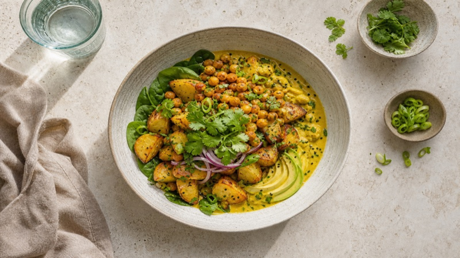 Würzige Kartoffel-Kichererbsen-Bowl mit Currysauce