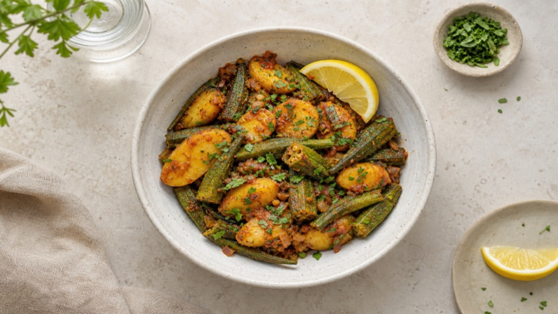 Würzige Kartoffel-Okra-Bowl mit Tomatenmark und Zitrone