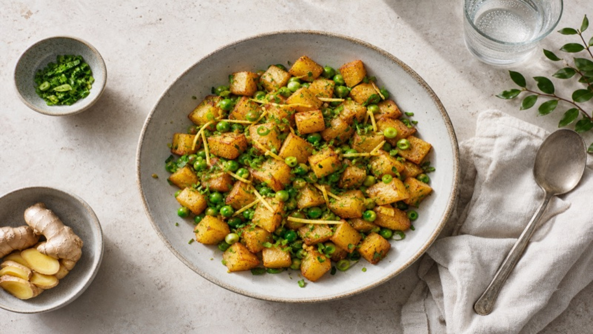 Würzige Kartoffel-Pfanne mit grünen Erbsen und Ingwer