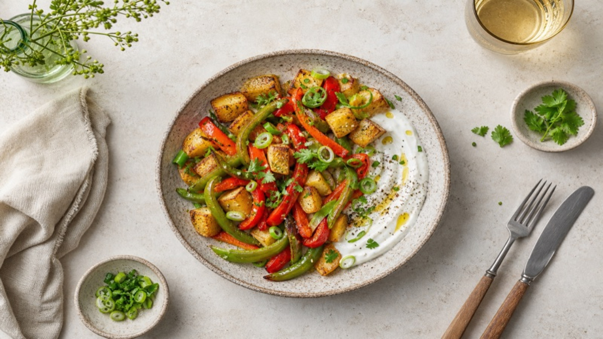 Würzige Kartoffel-Pfefferschoten-Bowl mit Miso-Joghurt