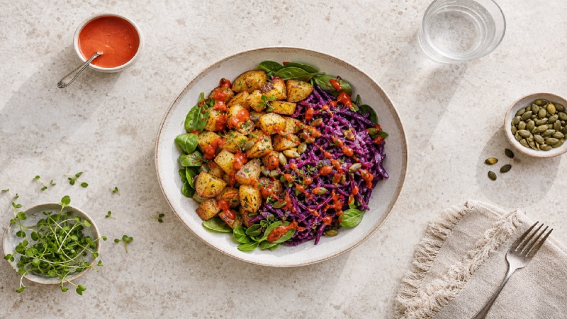 Würzige Kartoffel-Rotkohl-Bowl mit Rote-Peperoni-Dressing