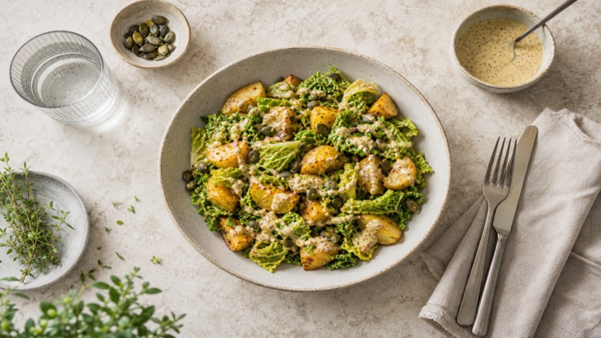 Würzige Kartoffel-Wirsing-Bowl mit Kürbiskernen und Senfdressing