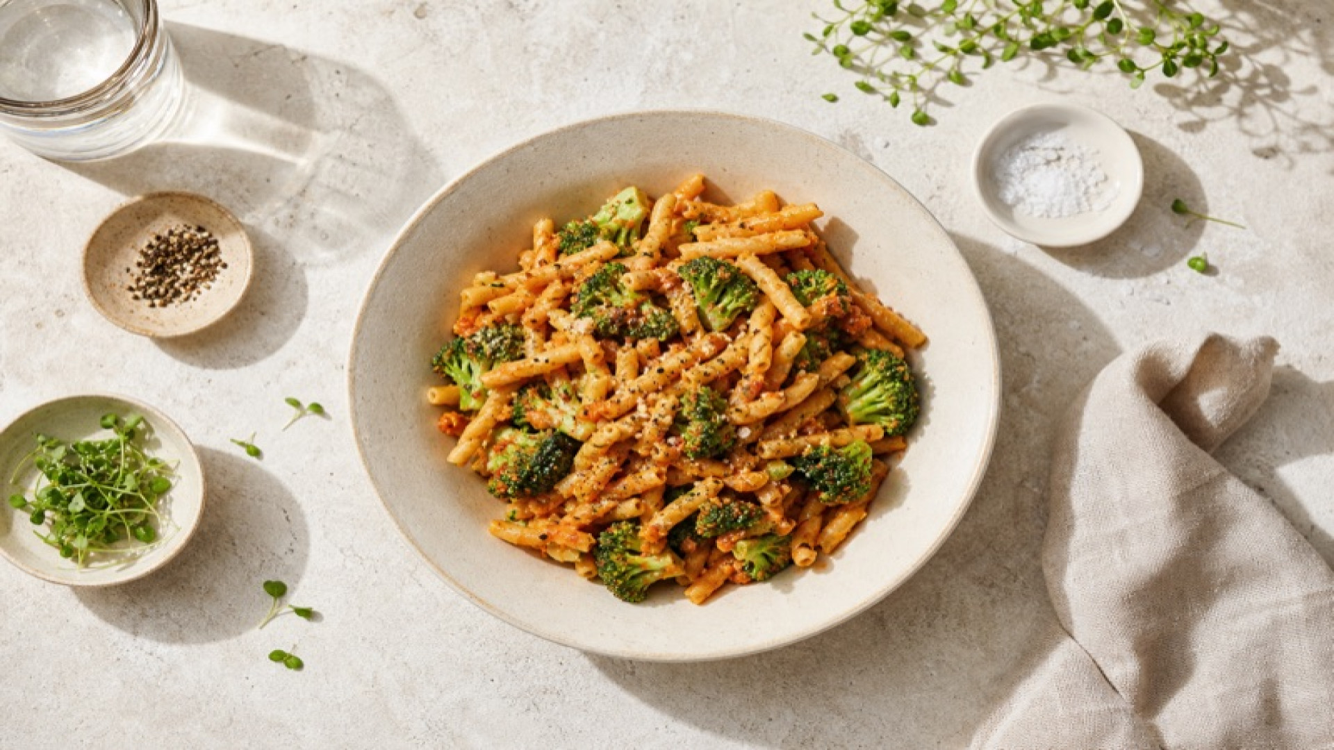Würzige Köhler-Nudeln mit Brokkoli und Tomatenmark
