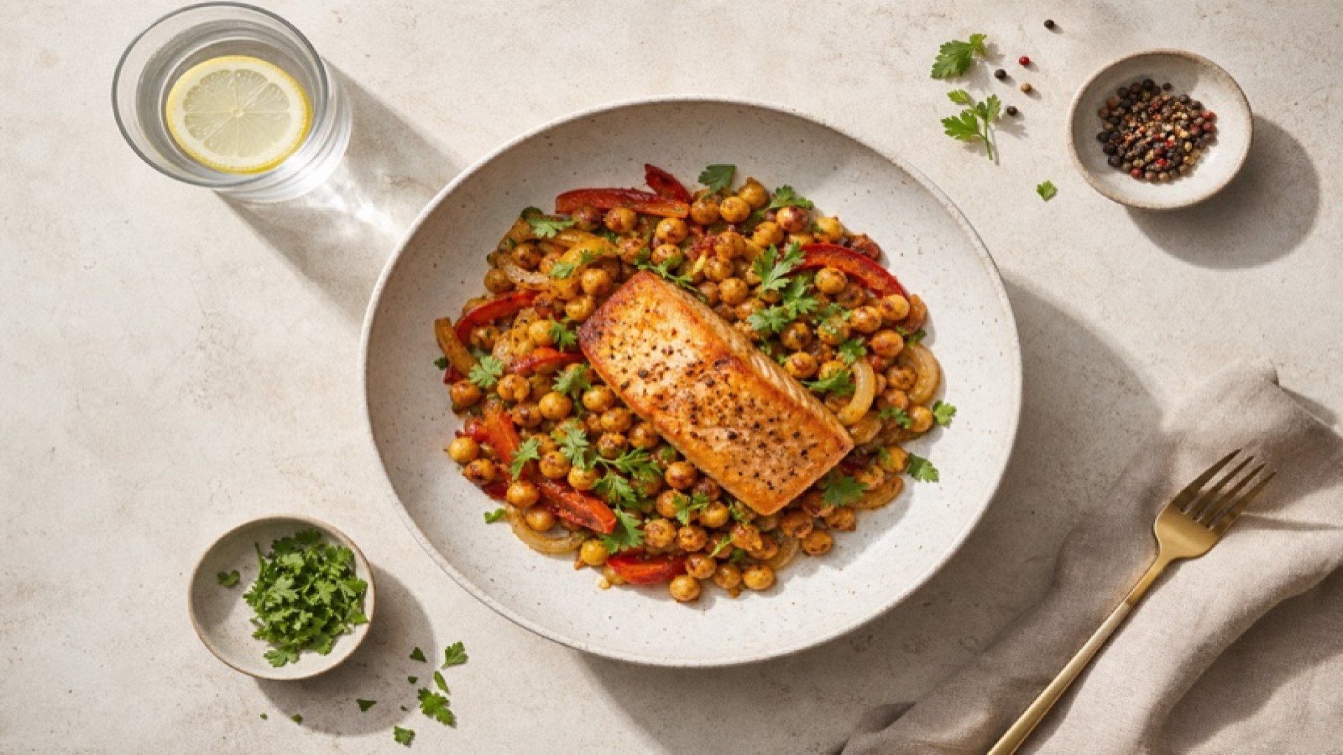 Würzige Kichererbsen-Pfanne mit gebratenem Lachsfilet