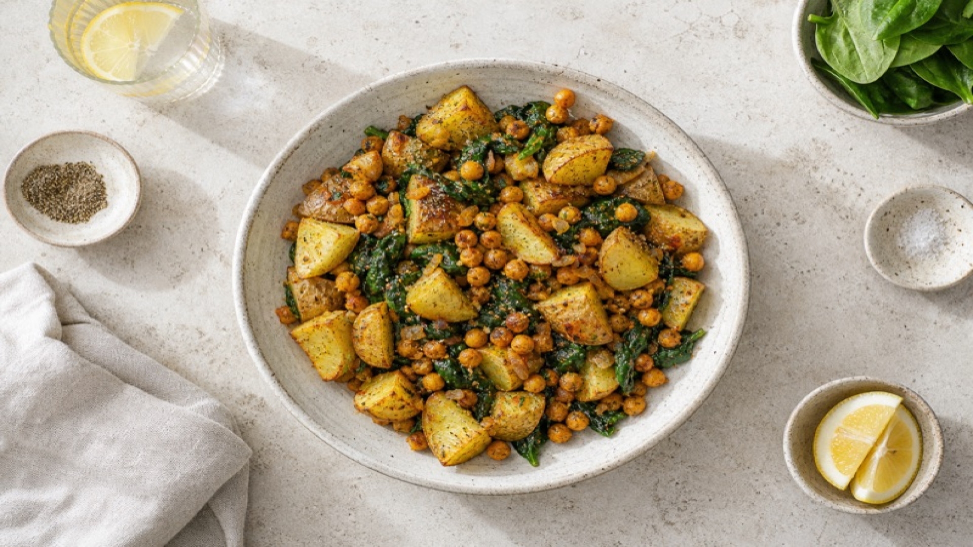 Würzige Ofenkartoffeln mit Kichererbsen und Spinat