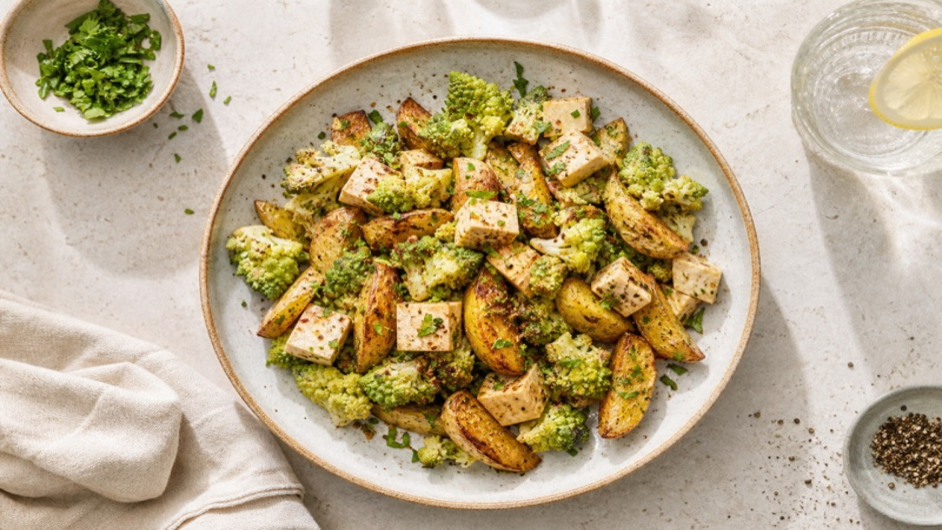 Würzige Ofenkartoffeln mit Romanesco und Seidentofu