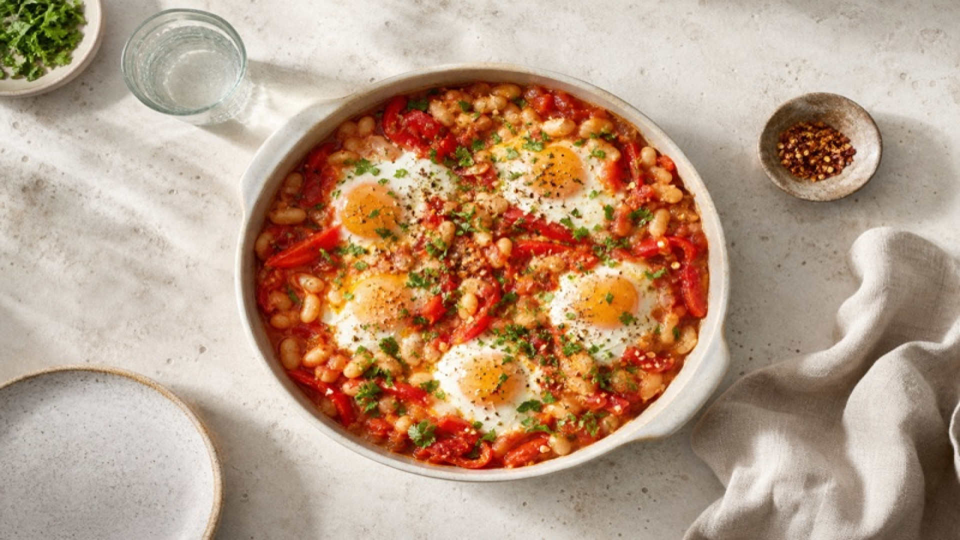 Würzige Paprika-Ei-Pfanne mit weißen Bohnen