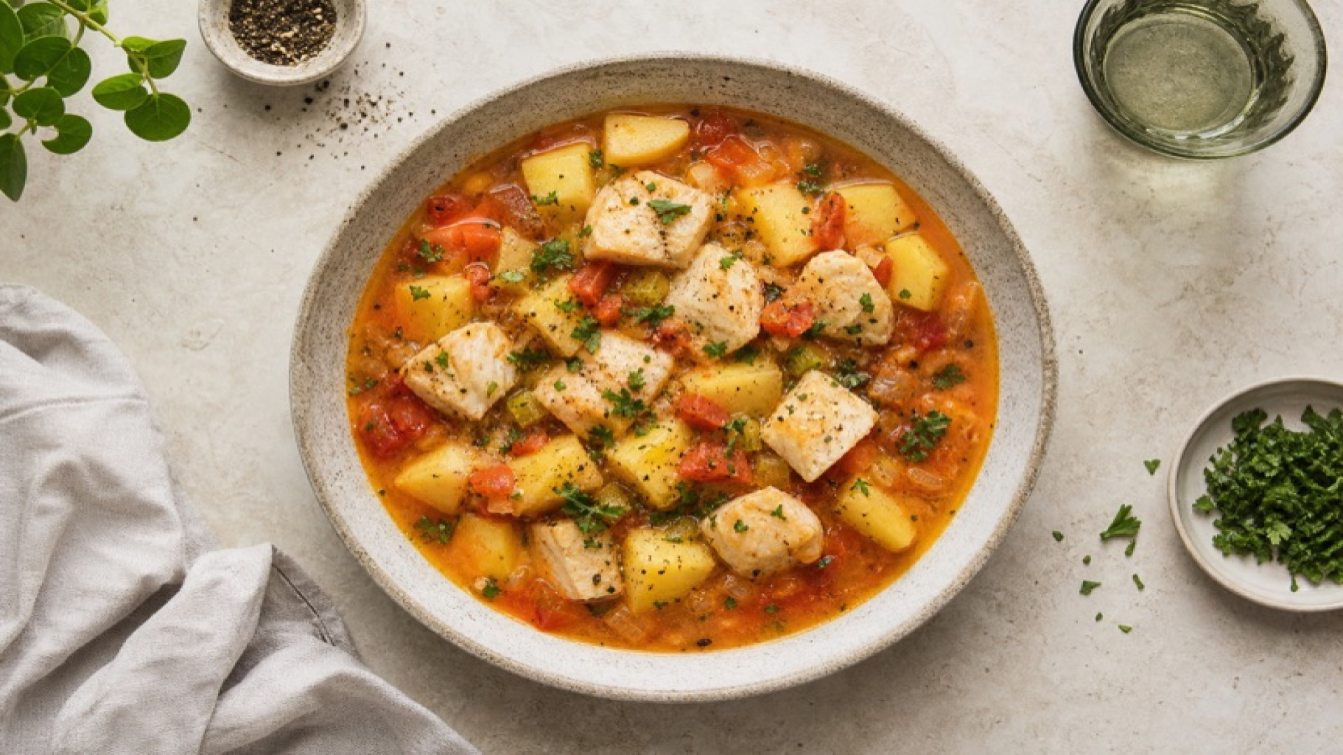 Würziger Alaska-Seelachs-Eintopf mit Kartoffeln und Tomaten