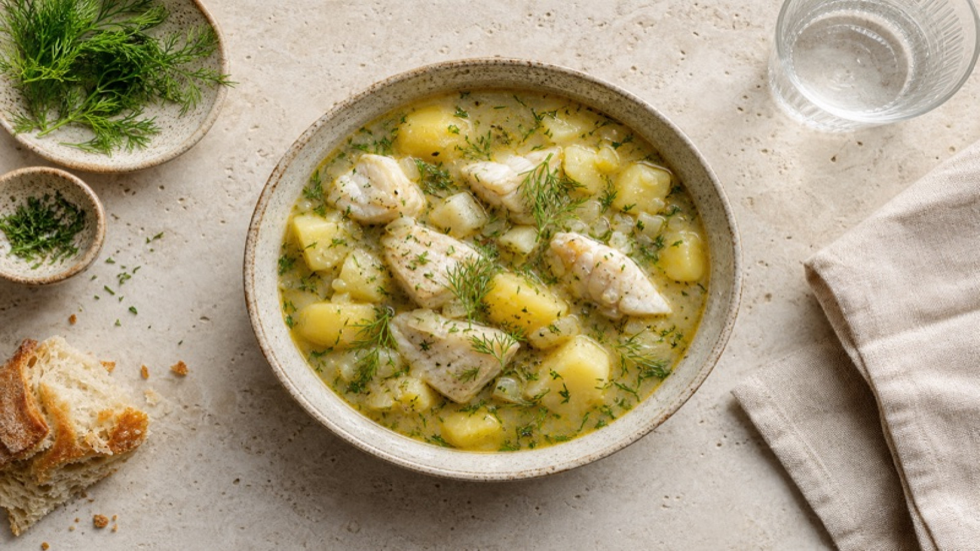 Würziger Dorsch-Kartoffel-Eintopf mit Dill und Zwiebeln