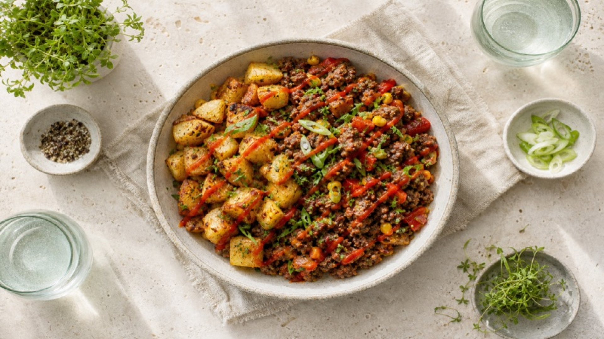 Würziger Hackfleisch-Kartoffel-Bowl mit Sriracha
