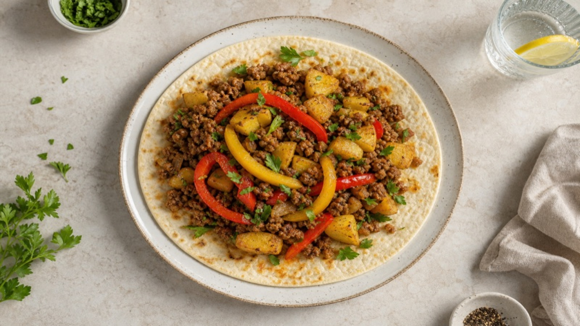 Würziger Hackfleisch-Kartoffel-Wrap mit Paprika
