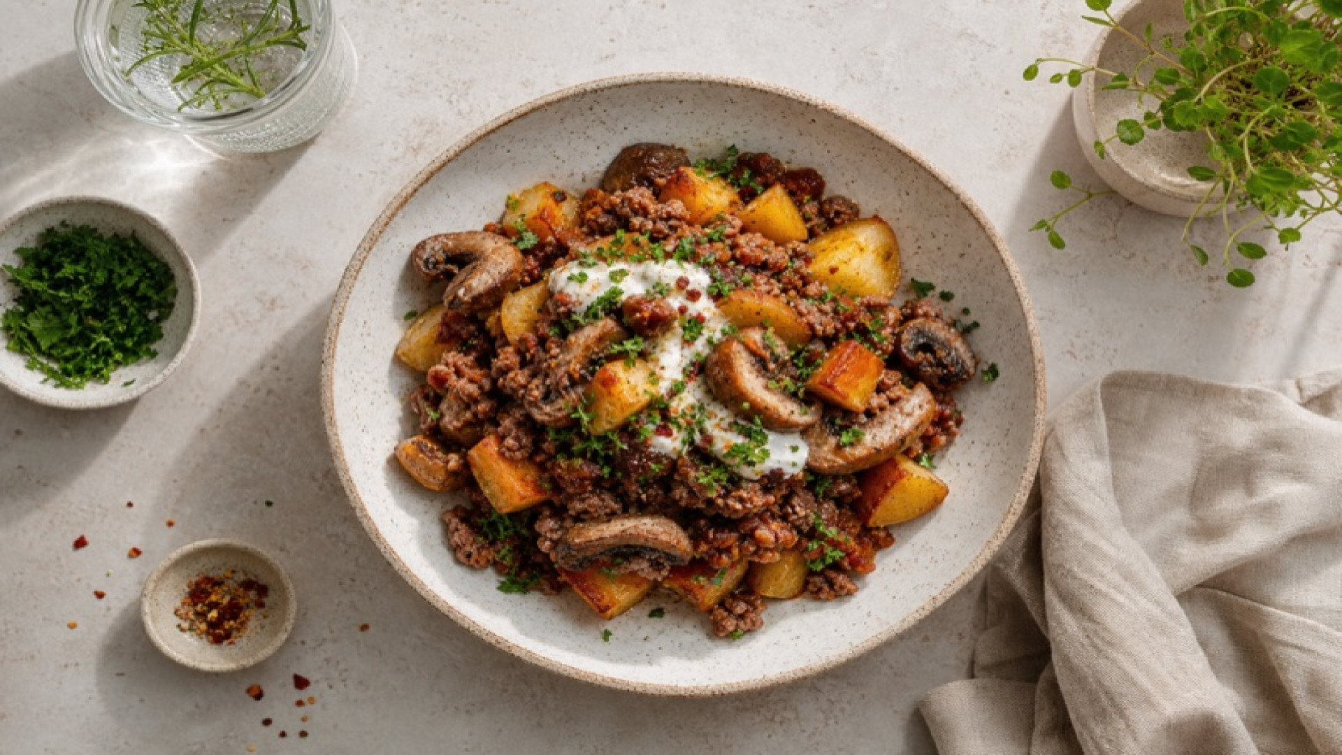 Würzige Rinderhack-Kartoffel-Bowl mit Tomatenmark und Mischpilzen