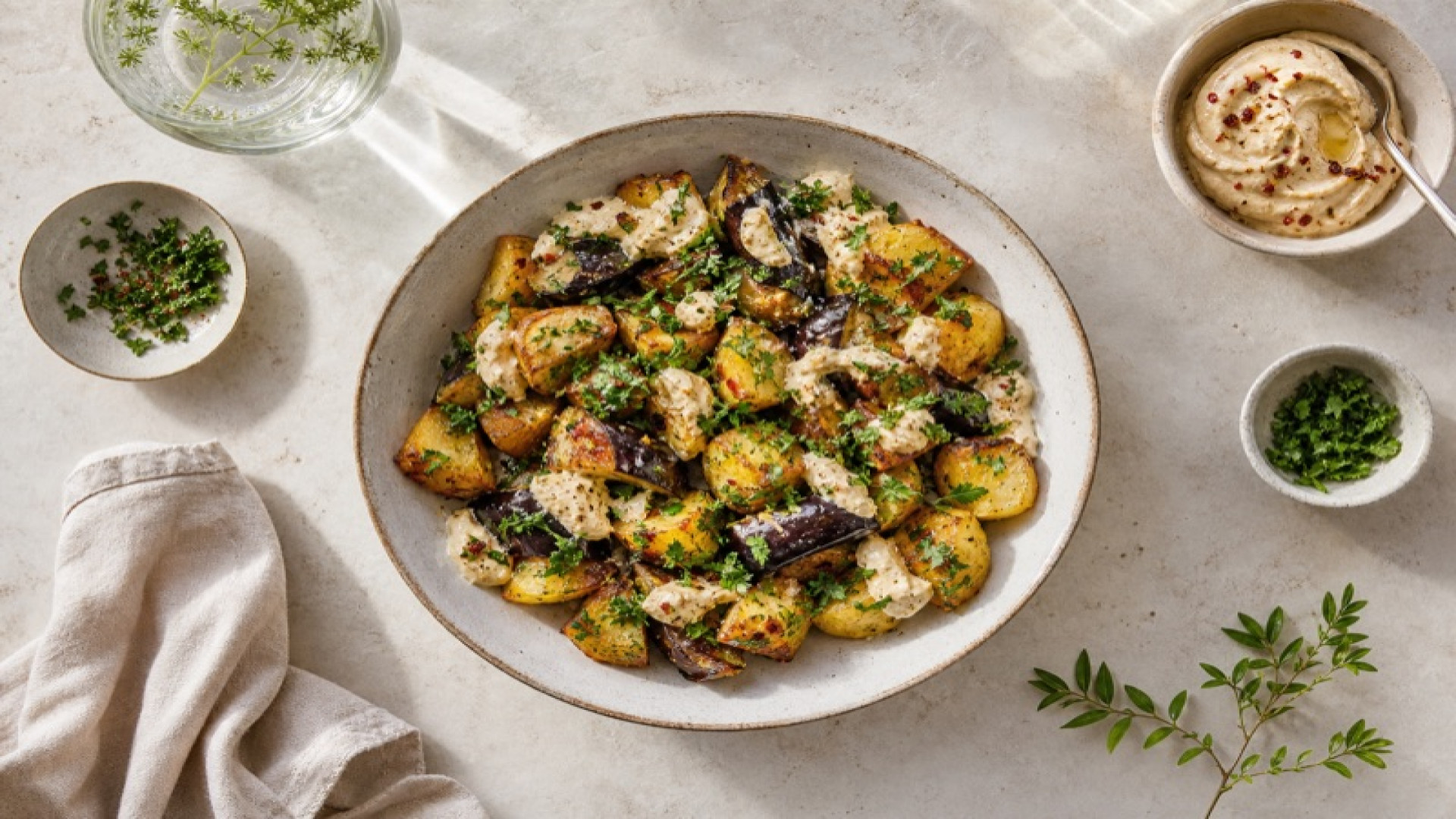Würziger Kartoffel-Auberginen-Salat mit Hummus-Dressing