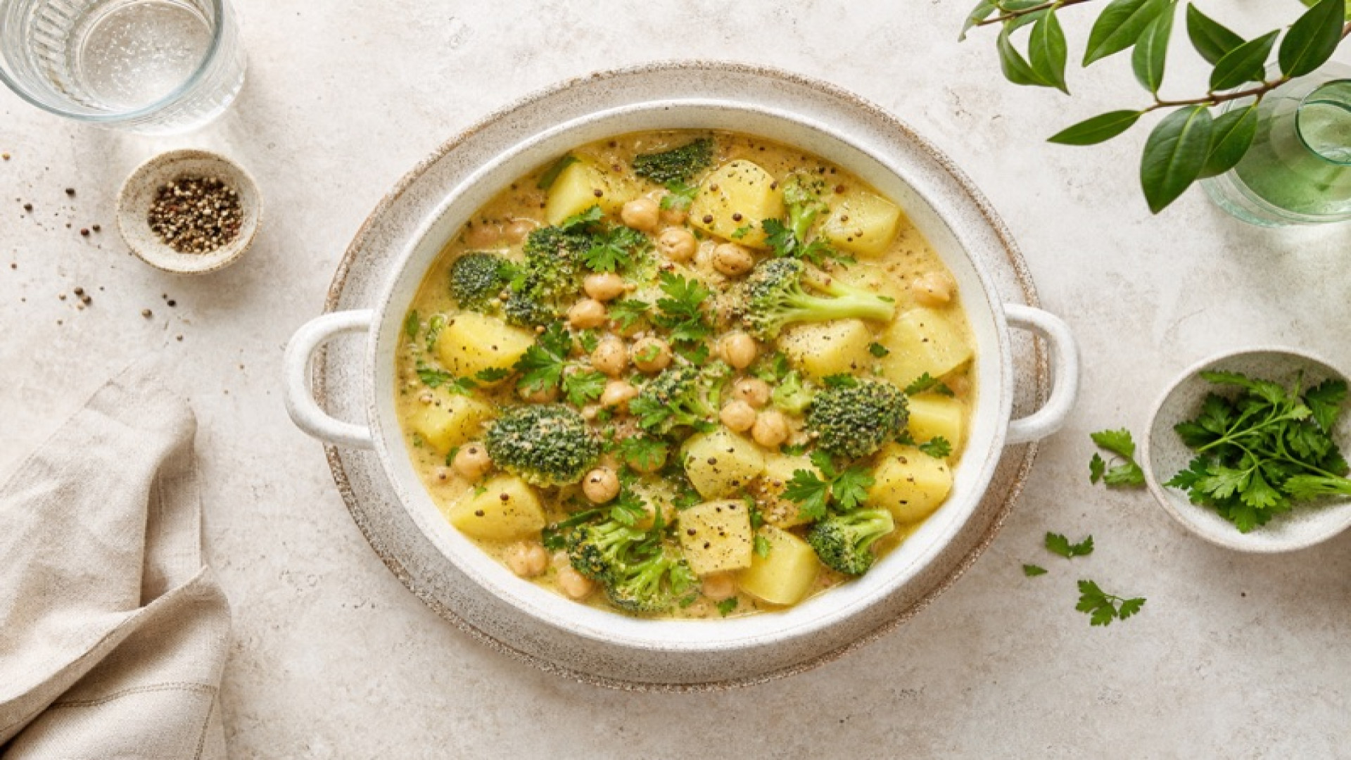 Würziger Kartoffel-Broccoli-Topf mit Kichererbsen und Senf