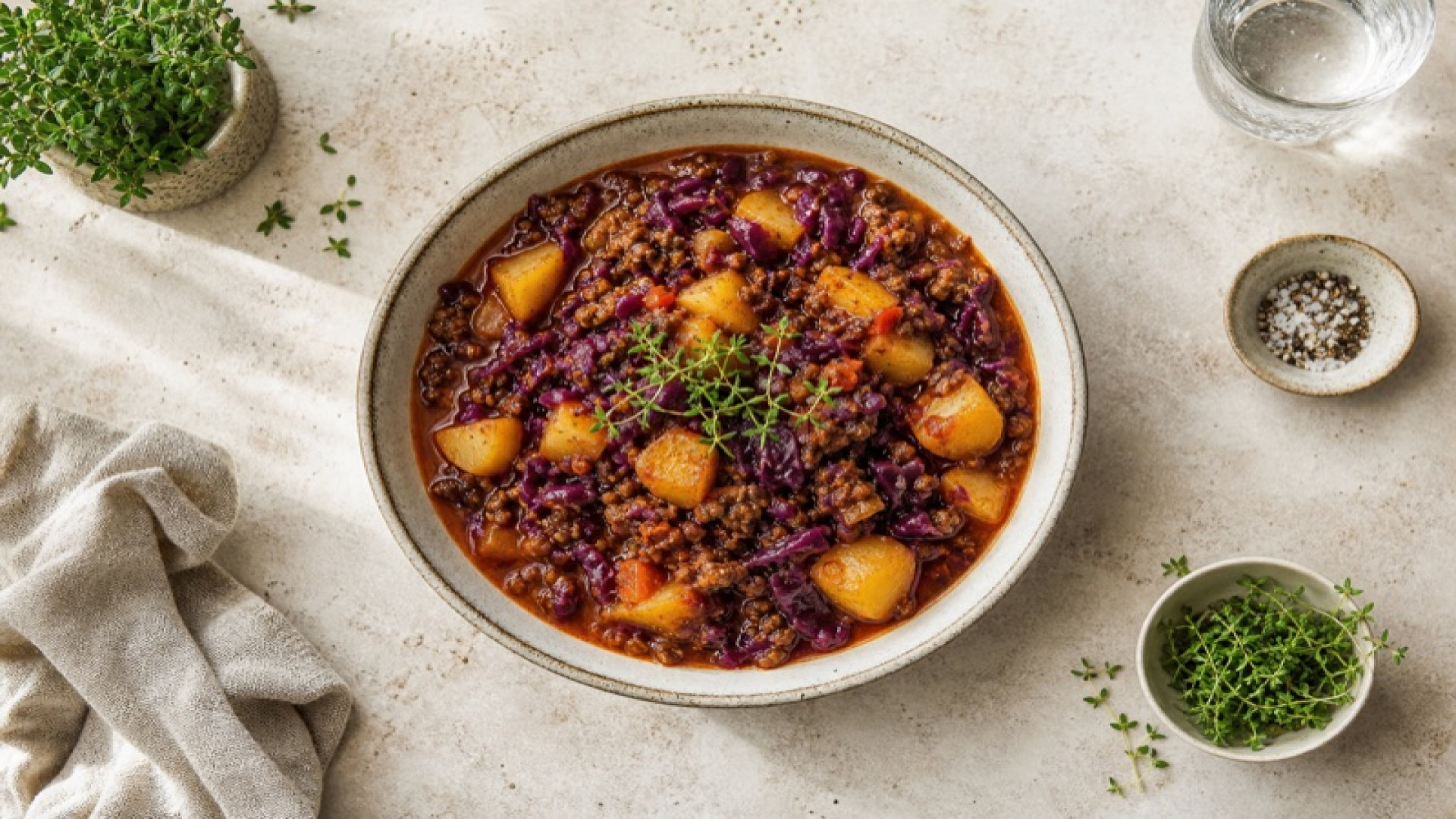 Würziger Kartoffel-Hackfleisch-Topf mit Rotkohl