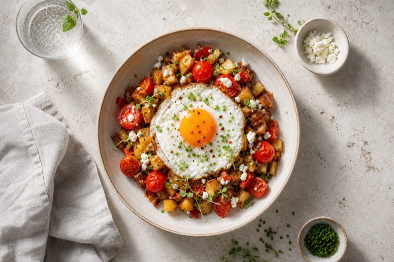 Würziger Kartoffel-Hash mit Kirschtomaten und Ei