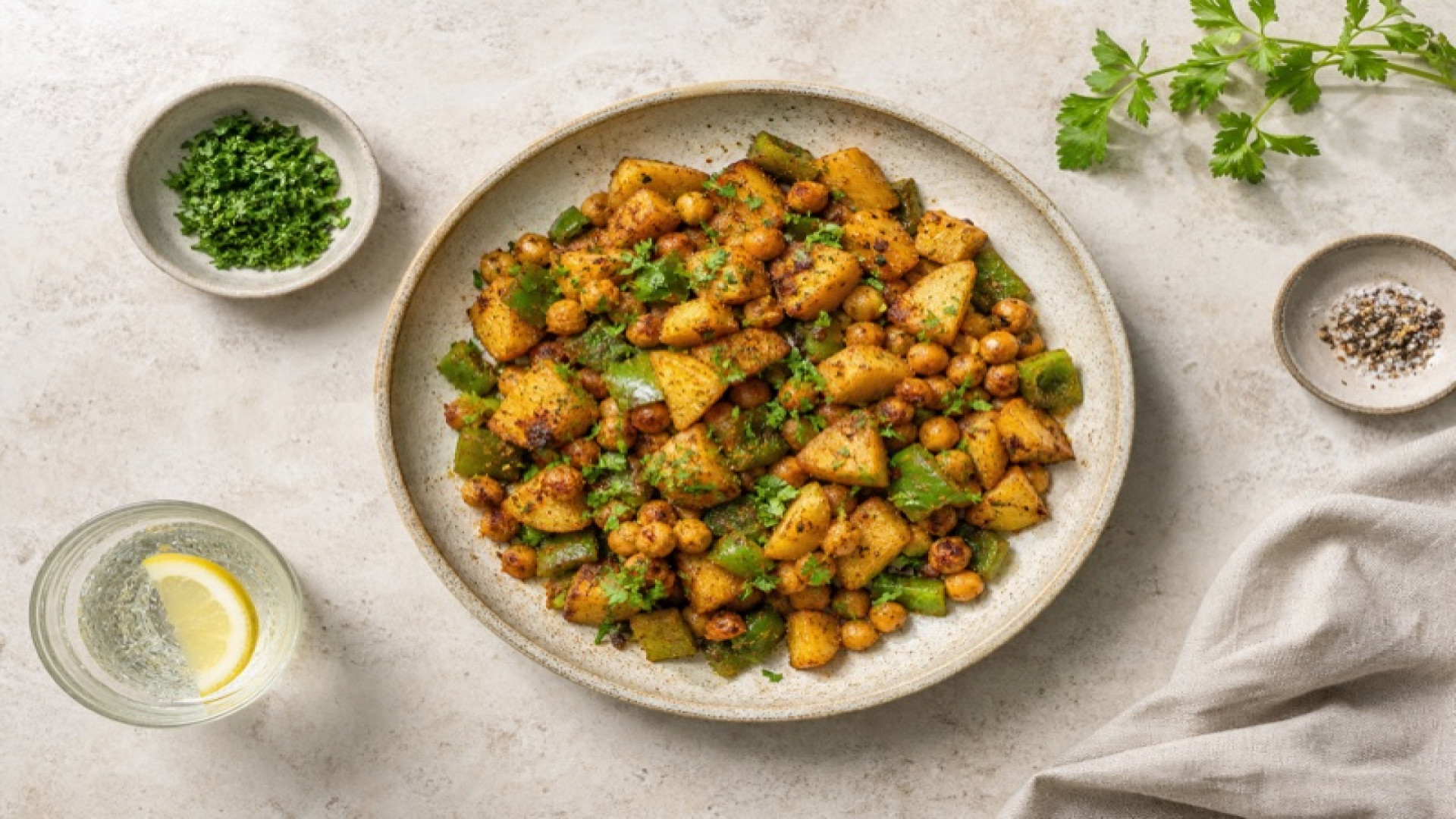Würziger Kartoffel-Kichererbsen-Hash mit grüner Paprika