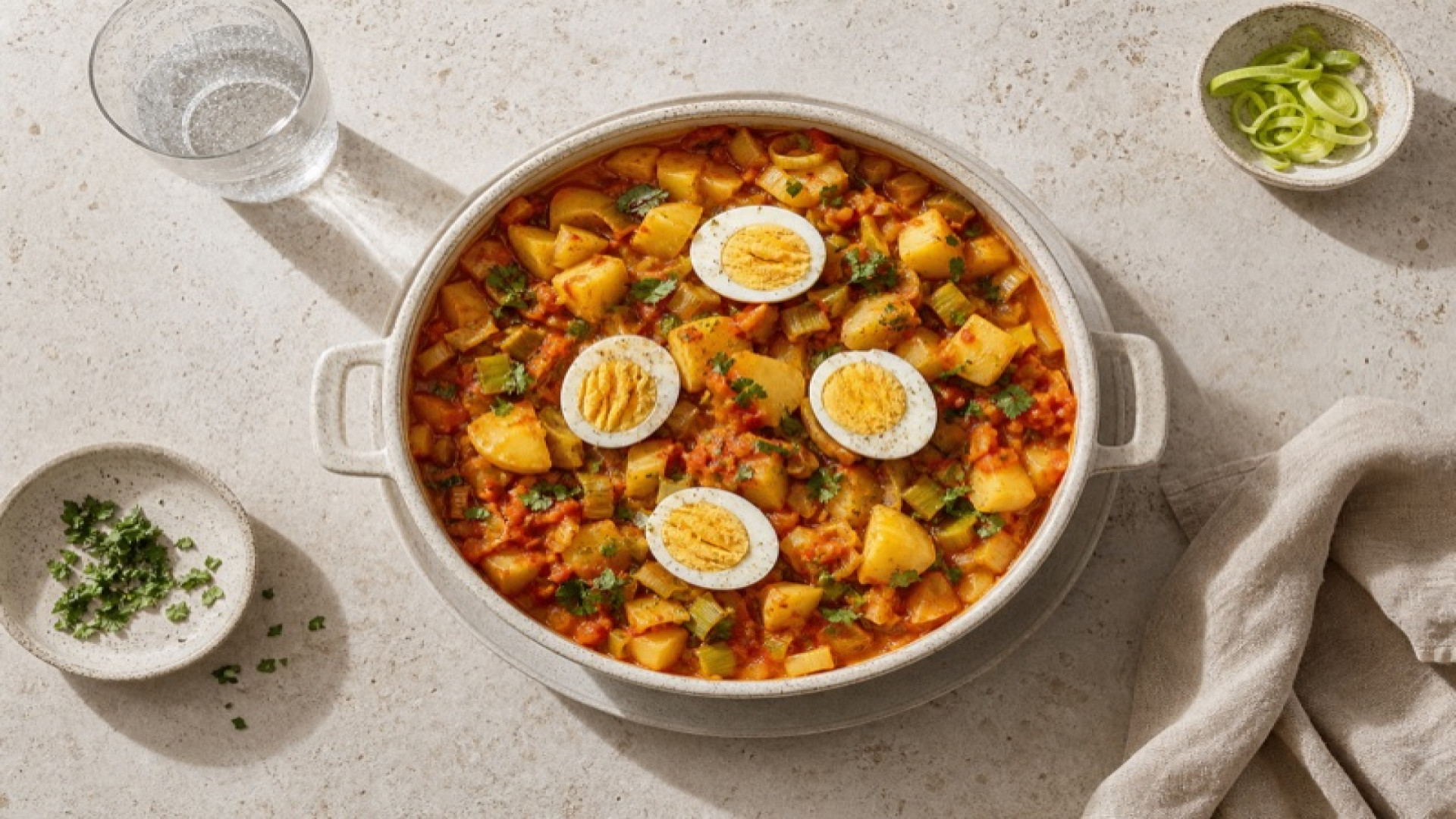 Würziger Kartoffel-Lauch-Ei-Topf mit Tomatenmark