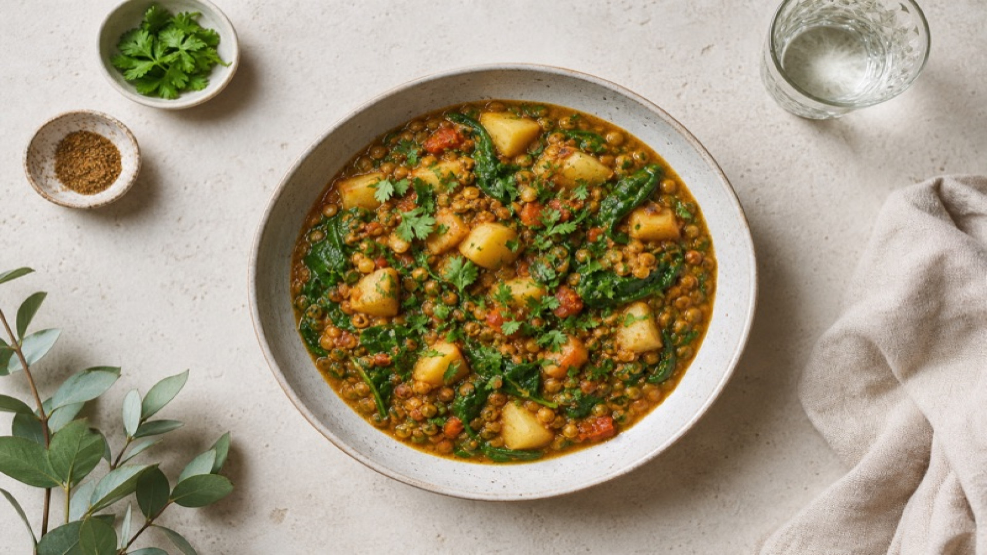 Würziger Kartoffel-Linsen-Topf mit Spinat und Garam Masala