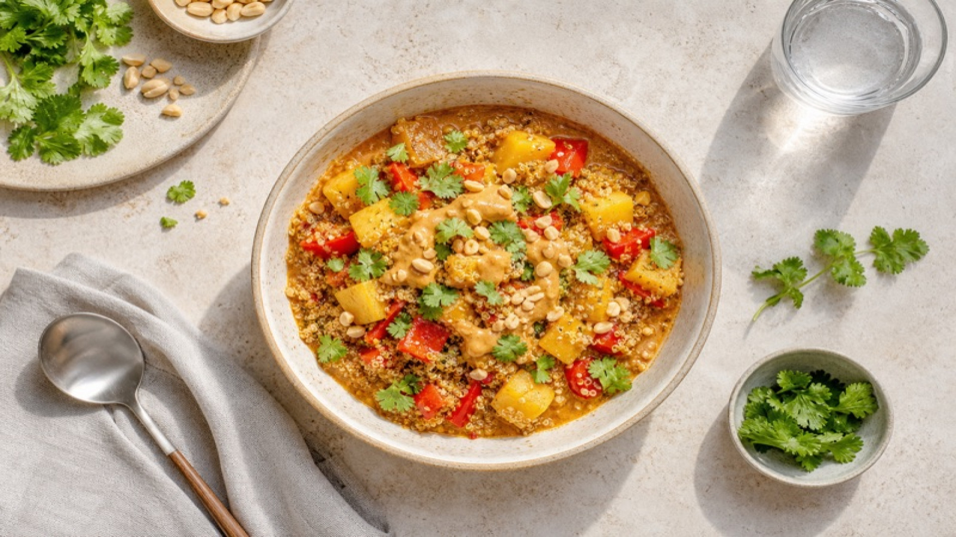 Würziger Kartoffel-Quinoa-Topf mit Paprika und Erdnussmus