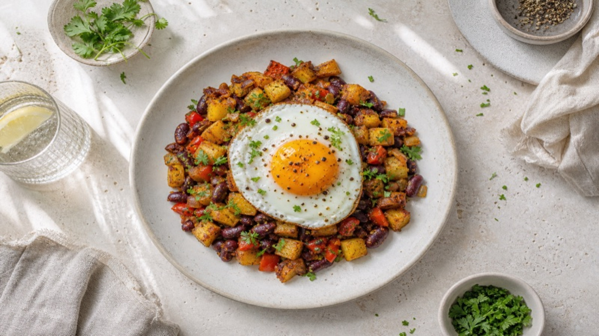 Würziger Kartoffel-Rote-Bohnen-Hash mit Spiegelei